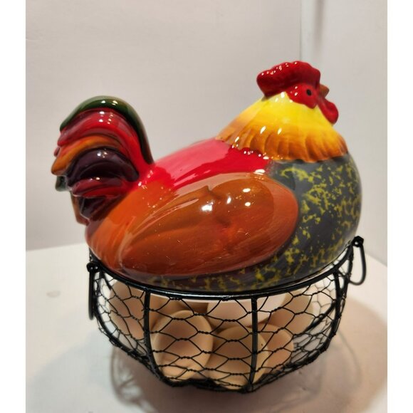 Ceramic Chicken Sitting on Black Metal Egg Basket with Eggs Farmhouse Decor - Picture 7 of 15